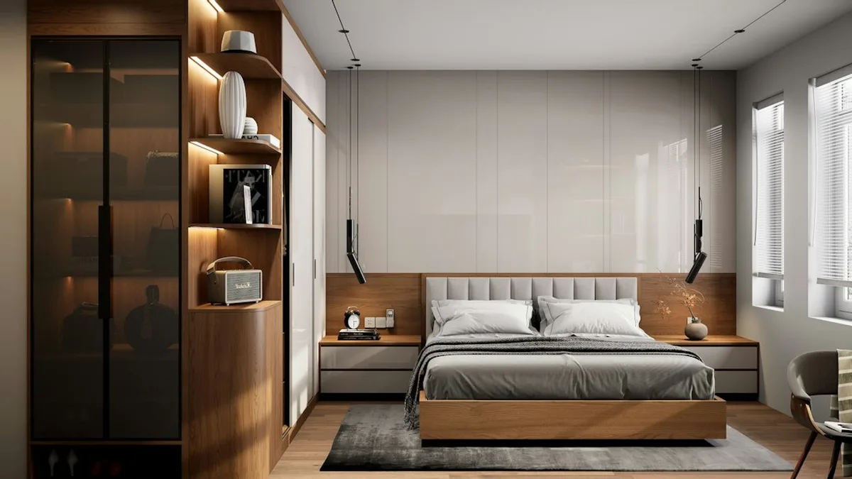 Chambre à coucher moderne : lumière, linge et rangements